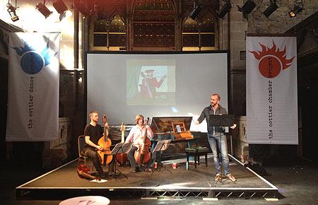 rehearsing in the Cottier Theatre: L-R Liam Byrne, Alison McGillivray, Thomas Walker